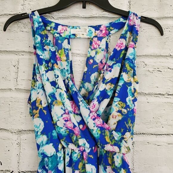 Lush Blue Floral Sleeveless Faux Wrap Dress - Picture 2 of 12